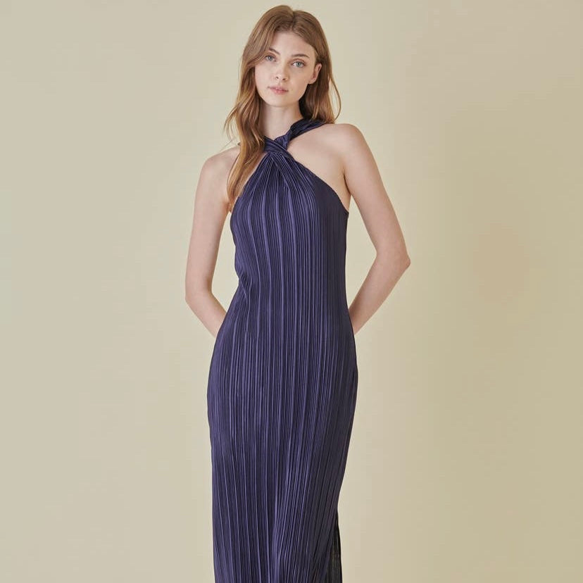 Navy Plisse Twist Front Maxi