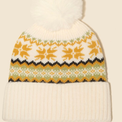 Patterned Pom Beanie - Ivory